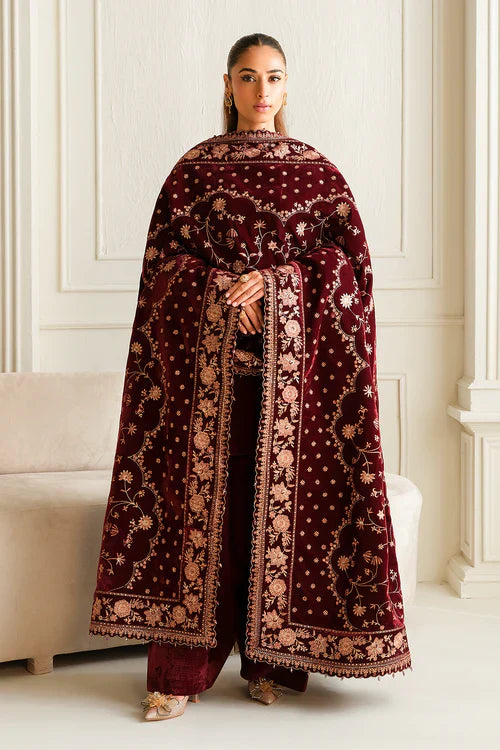 Crimson Majesty Velvet Embroidered Kurta Set with Regal Shawl