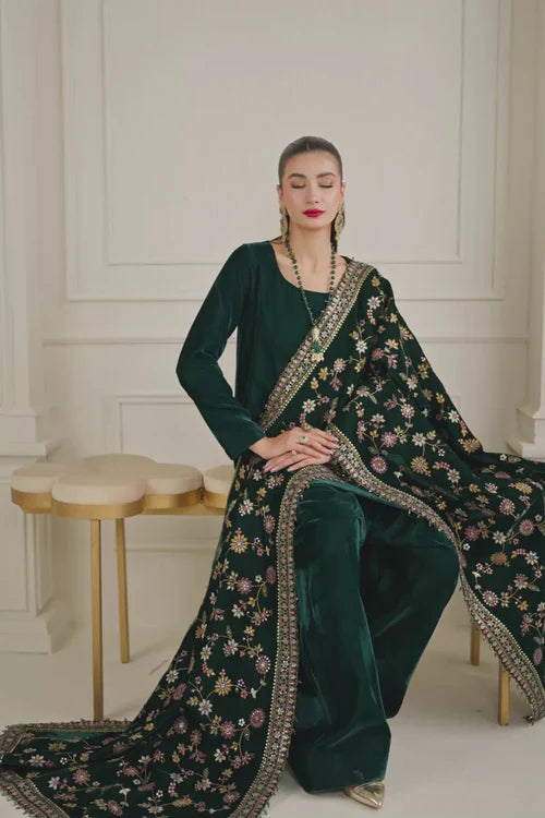 Emerald Enigma Velvet Embroidered Kurta Set with Heavy Shawl