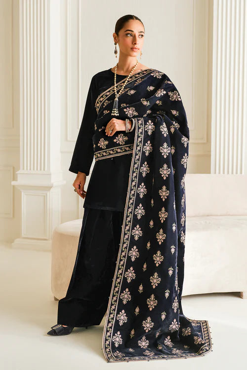 Midnight Royale Velvet Embroidered Kurta Set with Luxe Shawl