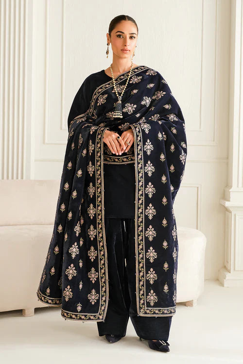 Midnight Royale Velvet Embroidered Kurta Set with Luxe Shawl