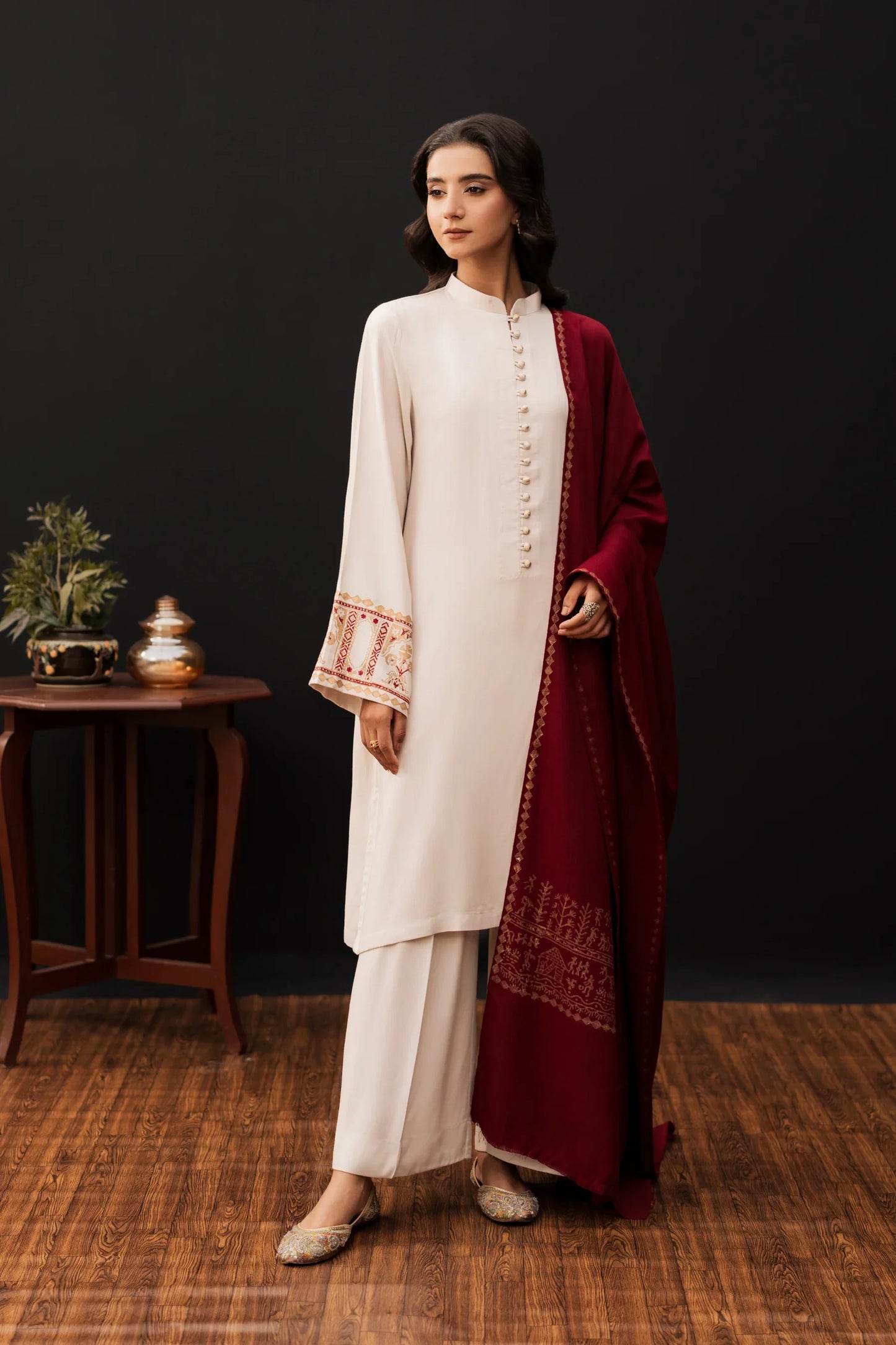 Ivory Maroon Classic Embroidered Kurta Set with Shawl