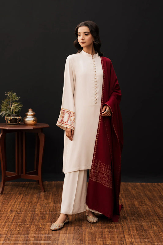 Ivory Maroon Classic Embroidered Kurta Set with Shawl