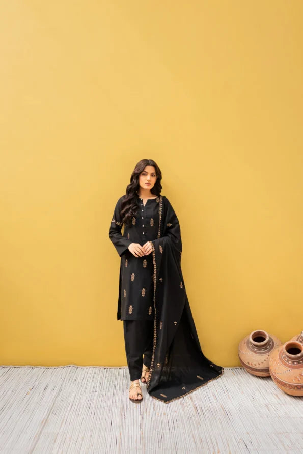 Noor Black Hand-Embroidered Cotton Suit Set with Mirror Detailing & Shawl
