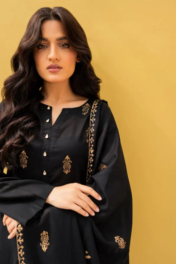 Noor Black Hand-Embroidered Cotton Suit Set with Mirror Detailing & Shawl
