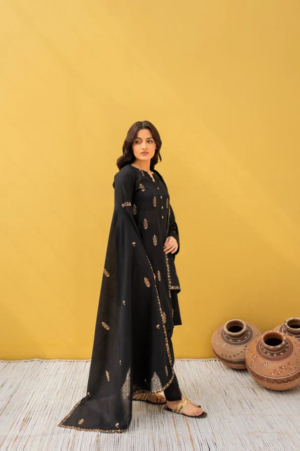Noor Black Hand-Embroidered Cotton Suit Set with Mirror Detailing & Shawl