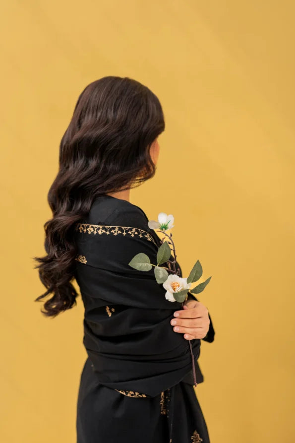Noor Black Hand-Embroidered Cotton Suit Set with Mirror Detailing & Shawl