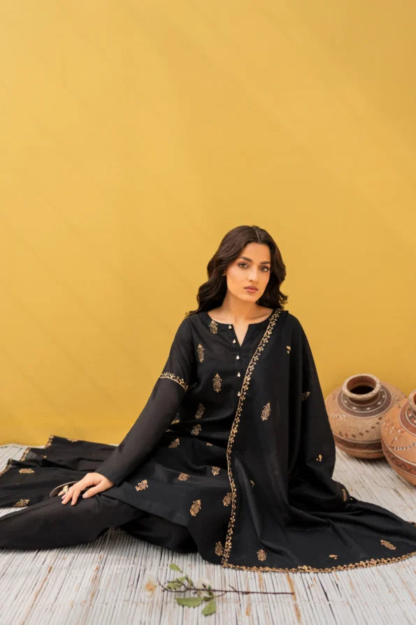 Noor Black Hand-Embroidered Cotton Suit Set with Mirror Detailing & Shawl