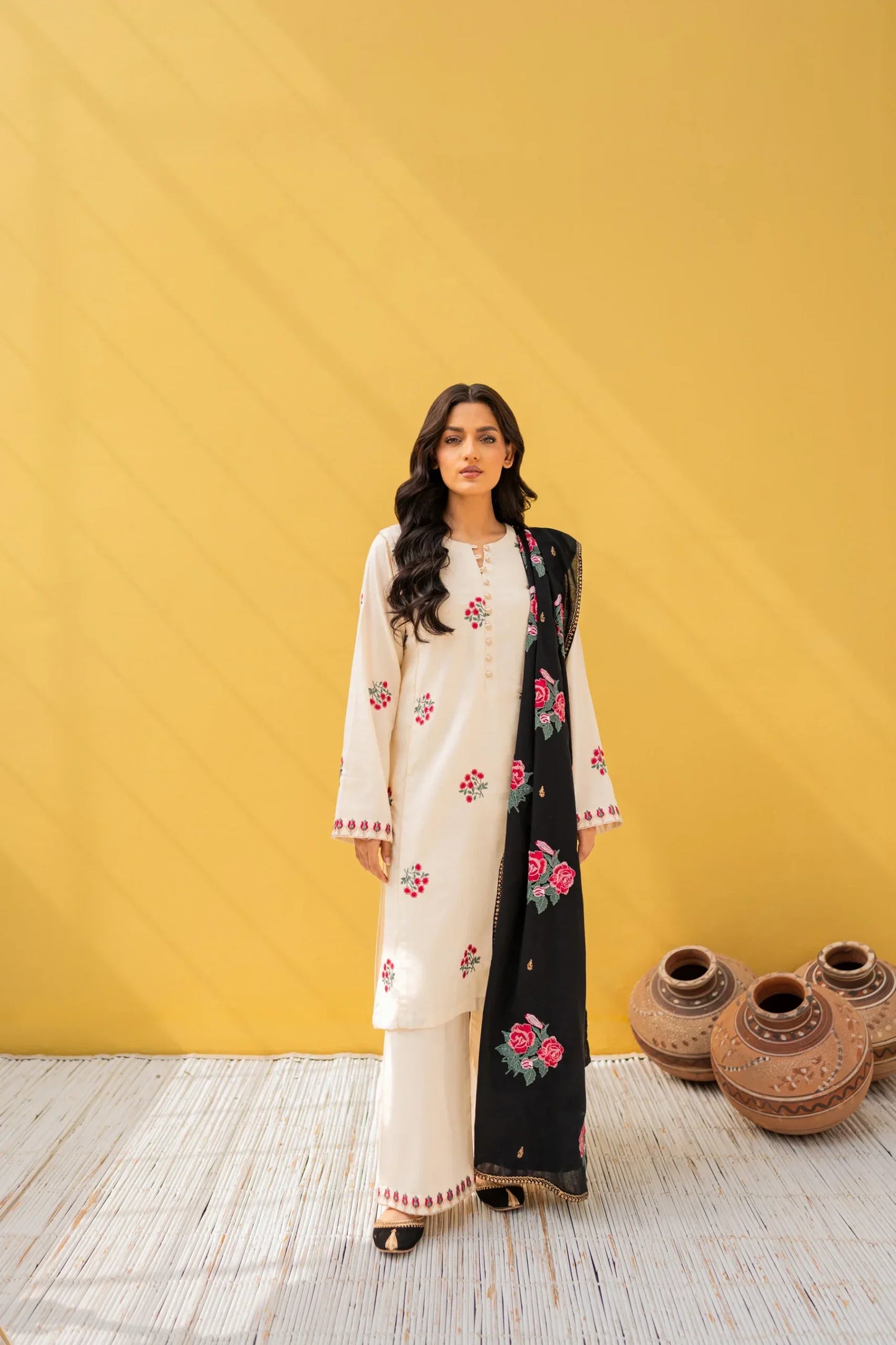 Ivory Bloom Hand-Embroidered Cotton Suit Set with Contrast Dupatta