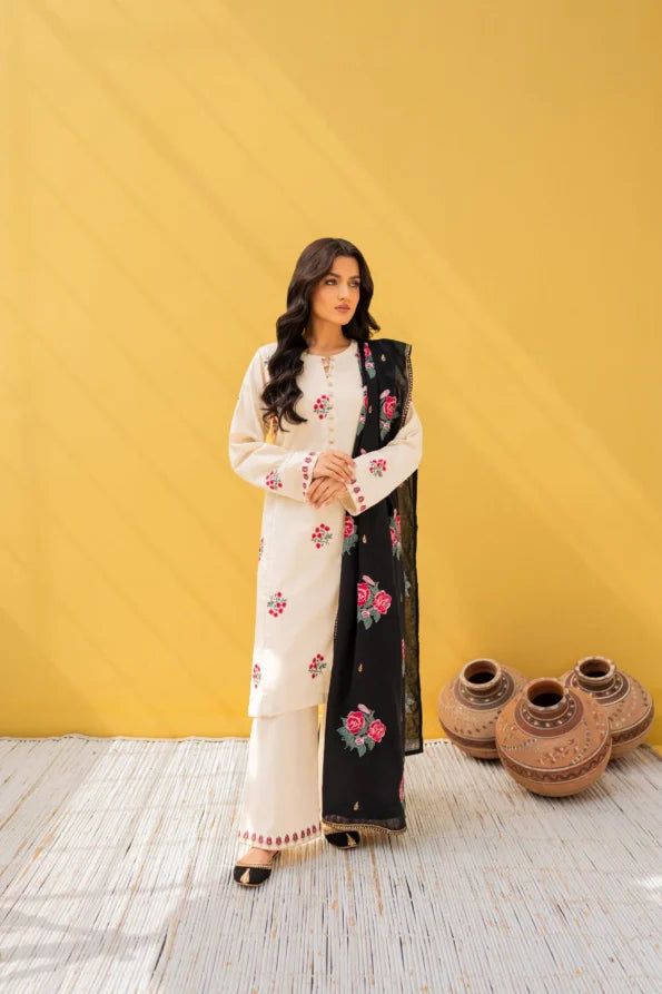 Ivory Bloom Hand-Embroidered Cotton Suit Set with Contrast Dupatta