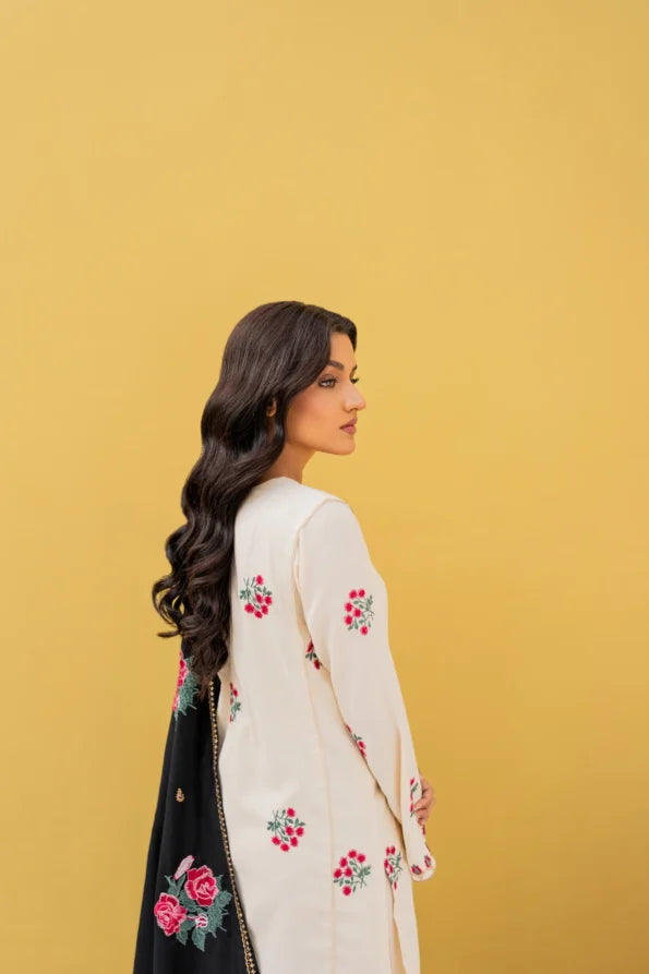 Ivory Bloom Hand-Embroidered Cotton Suit Set with Contrast Dupatta