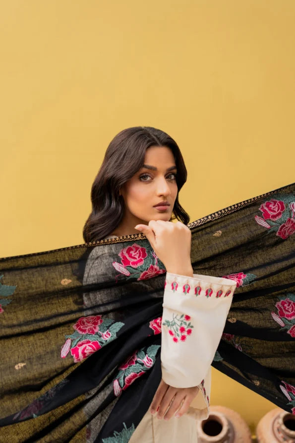 Ivory Bloom Hand-Embroidered Cotton Suit Set with Contrast Dupatta