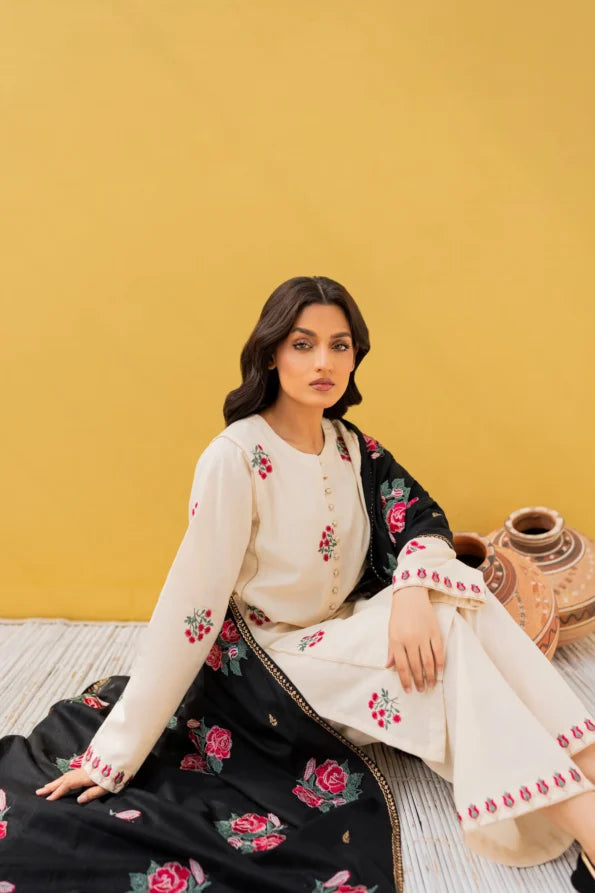 Ivory Bloom Hand-Embroidered Cotton Suit Set with Contrast Dupatta