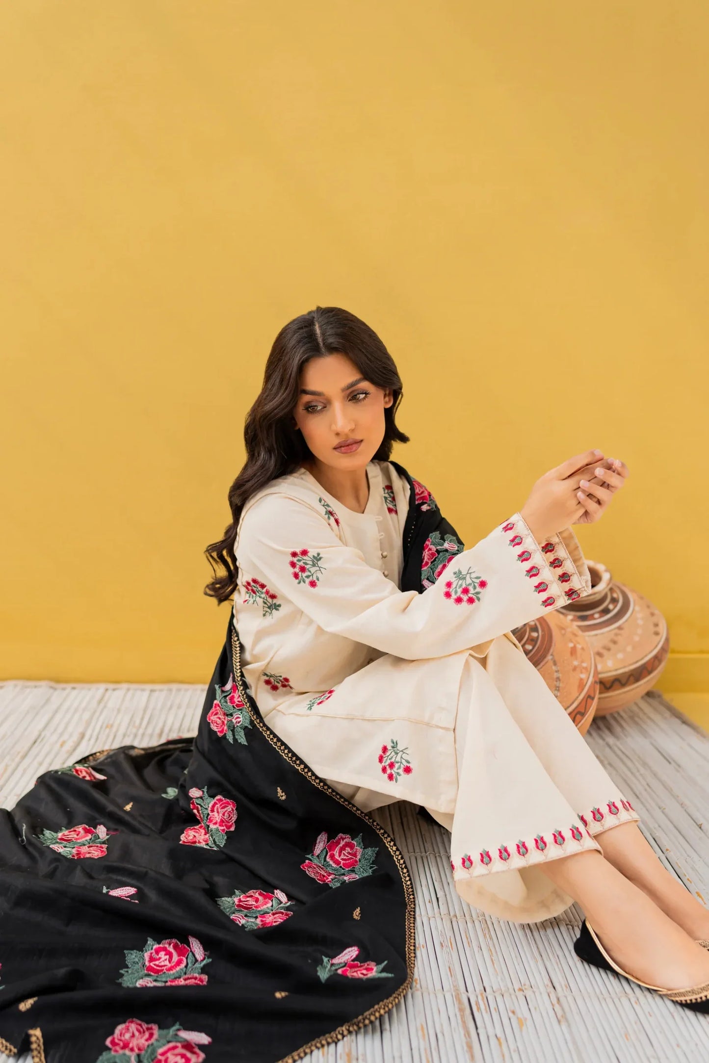 Ivory Bloom Hand-Embroidered Cotton Suit Set with Contrast Dupatta