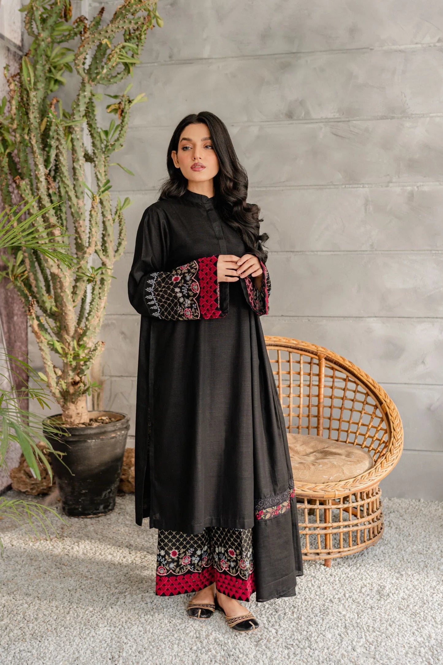 Noir Rouge Embroidered A-Line Kurta Set with Contrast Detailing