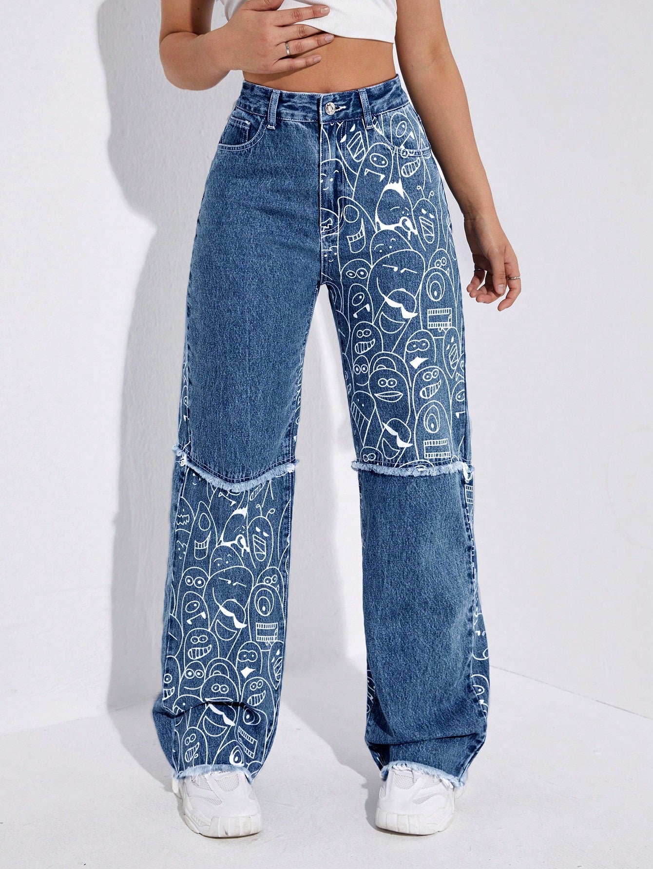 High-Waist Dark Blue Cartoon Print Raw Hem Wide-Leg Jeans for Women