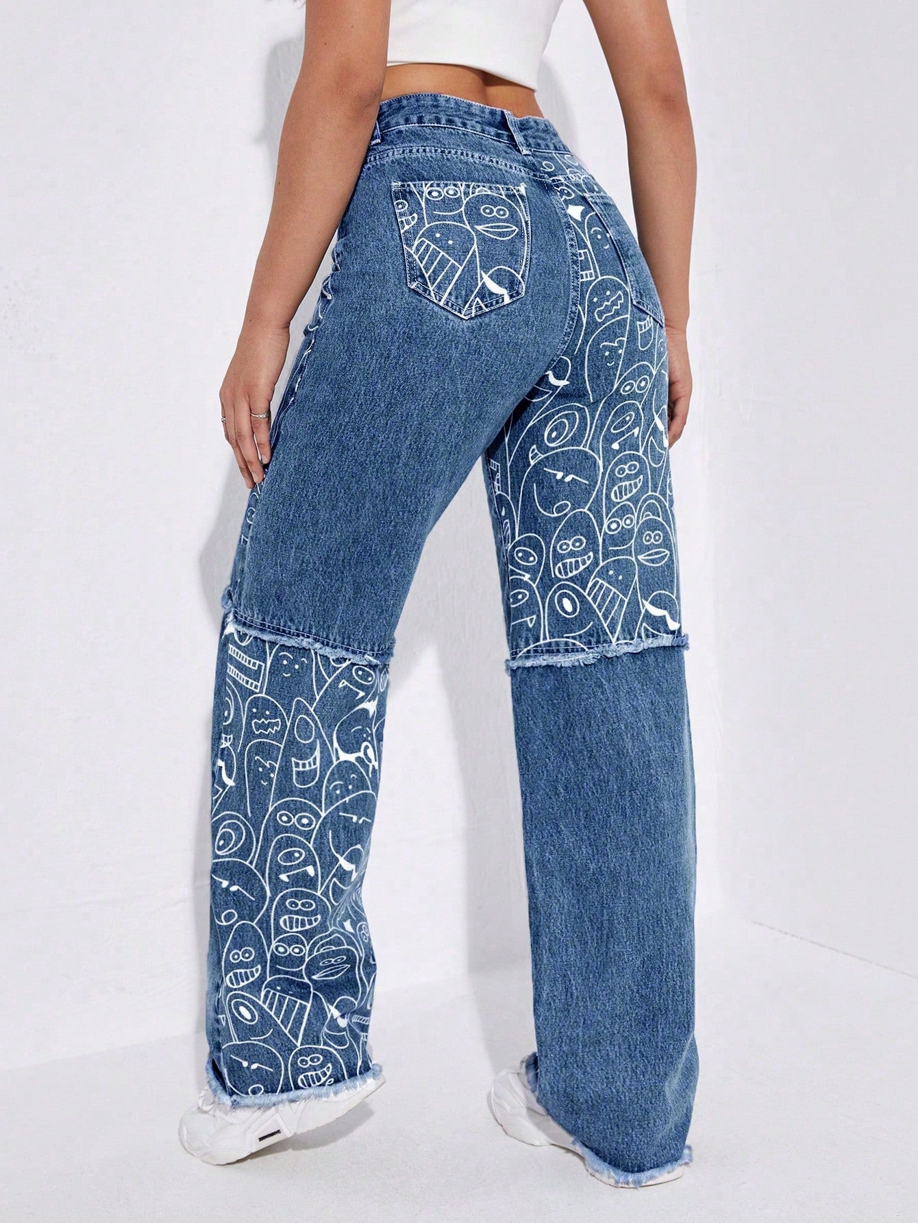 High-Waist Dark Blue Cartoon Print Raw Hem Wide-Leg Jeans for Women