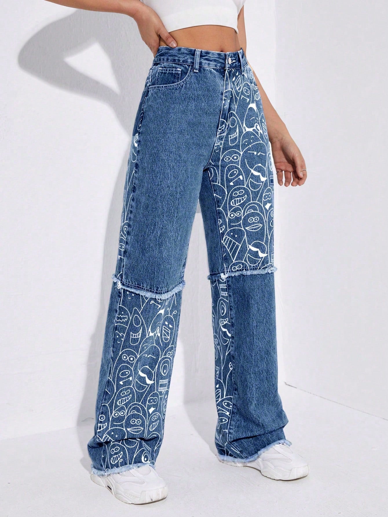 High-Waist Dark Blue Cartoon Print Raw Hem Wide-Leg Jeans for Women