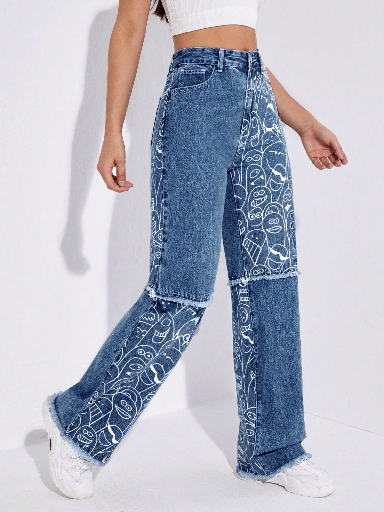 High-Waist Dark Blue Cartoon Print Raw Hem Wide-Leg Jeans for Women