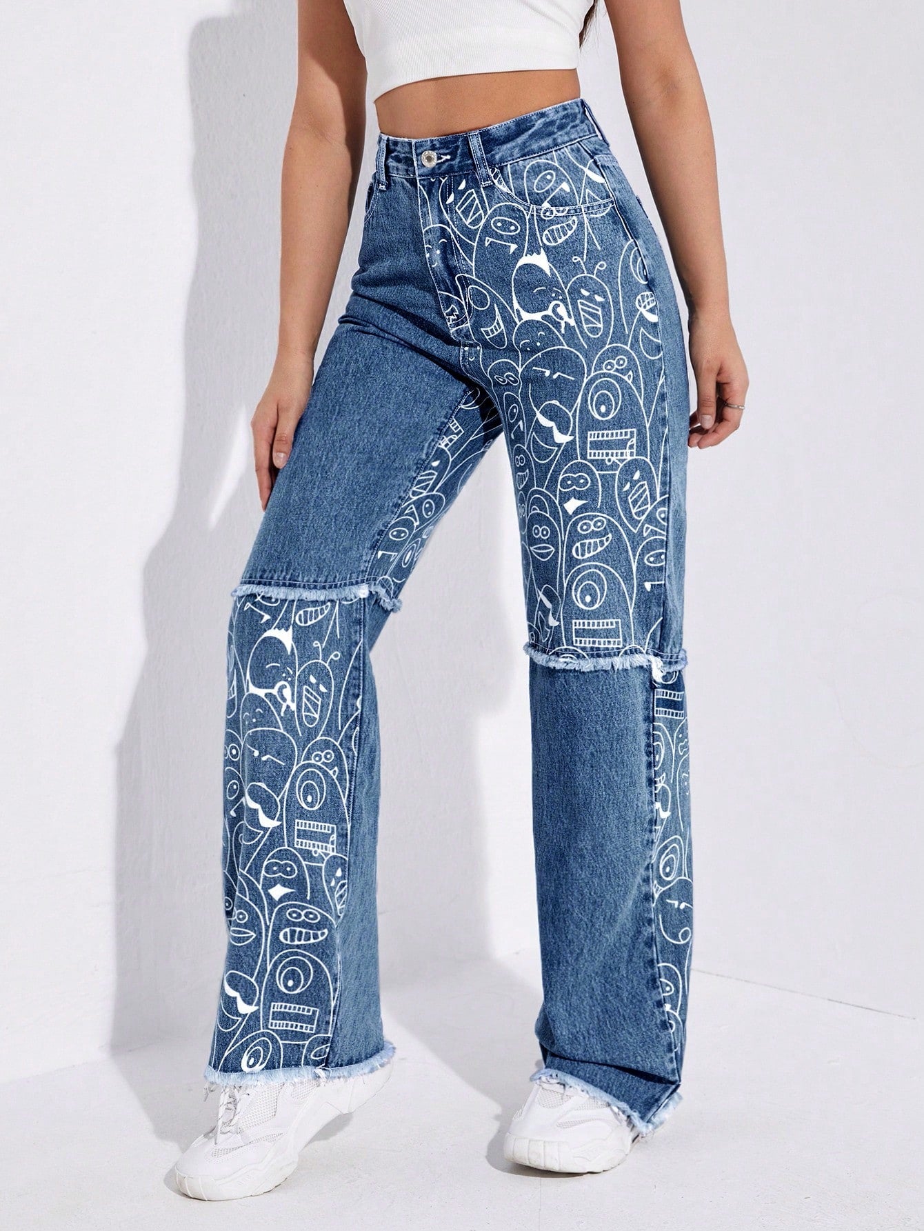High-Waist Dark Blue Cartoon Print Raw Hem Wide-Leg Jeans for Women