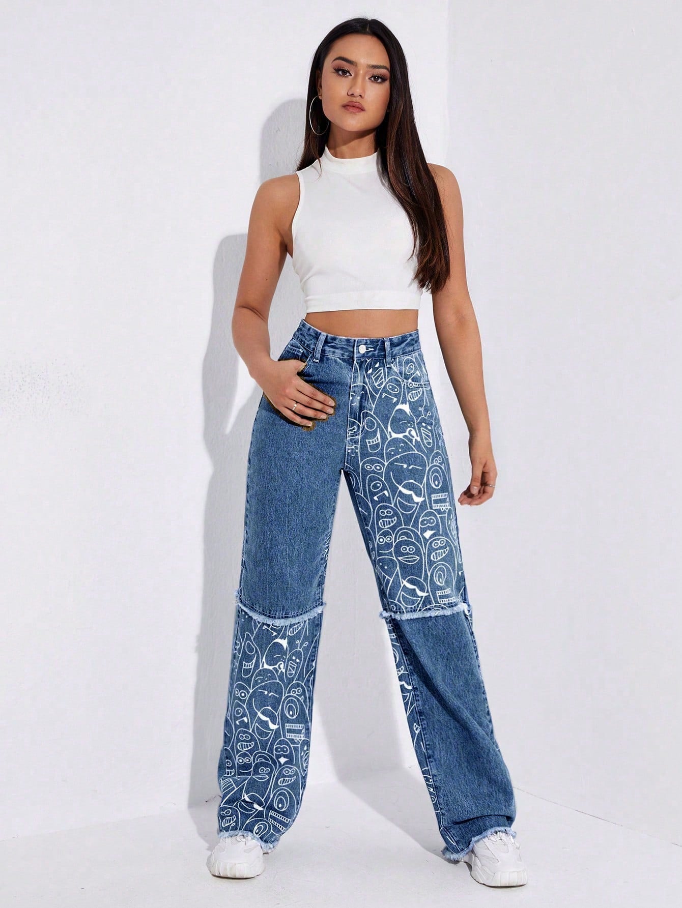 High-Waist Dark Blue Cartoon Print Raw Hem Wide-Leg Jeans for Women