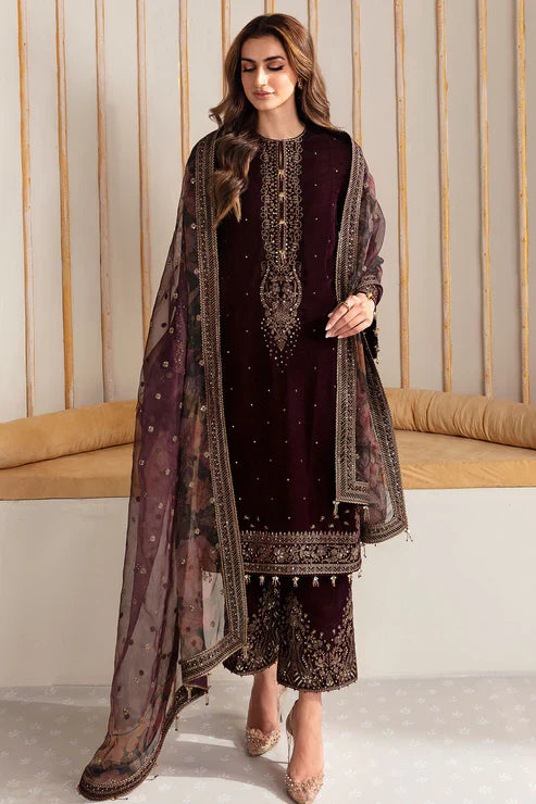 Royal Plum Hand-Embroidered Velvet Suit Set with Net Dupatta