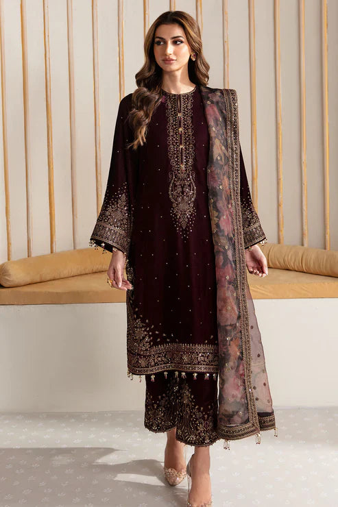 Royal Plum Hand-Embroidered Velvet Suit Set with Net Dupatta