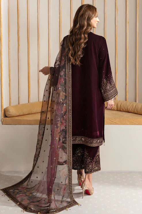 Royal Plum Hand-Embroidered Velvet Suit Set with Net Dupatta