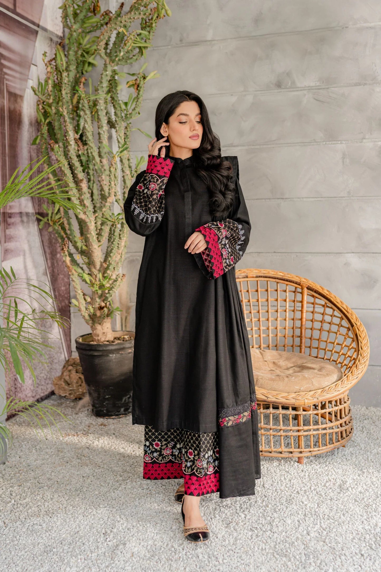 Noir Rouge Embroidered A-Line Kurta Set with Contrast Detailing