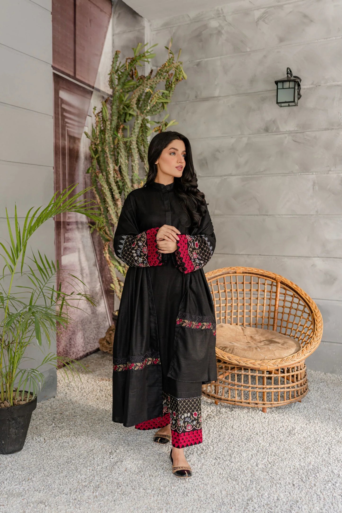 Noir Rouge Embroidered A-Line Kurta Set with Contrast Detailing