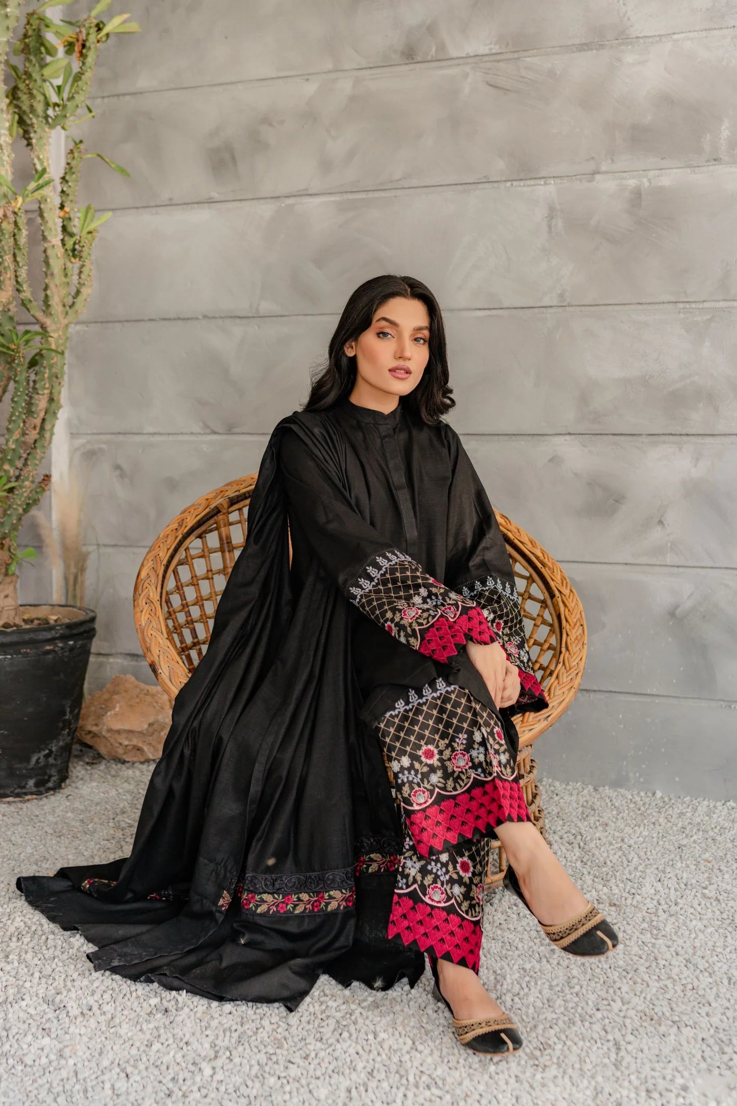 Noir Rouge Embroidered A-Line Kurta Set with Contrast Detailing