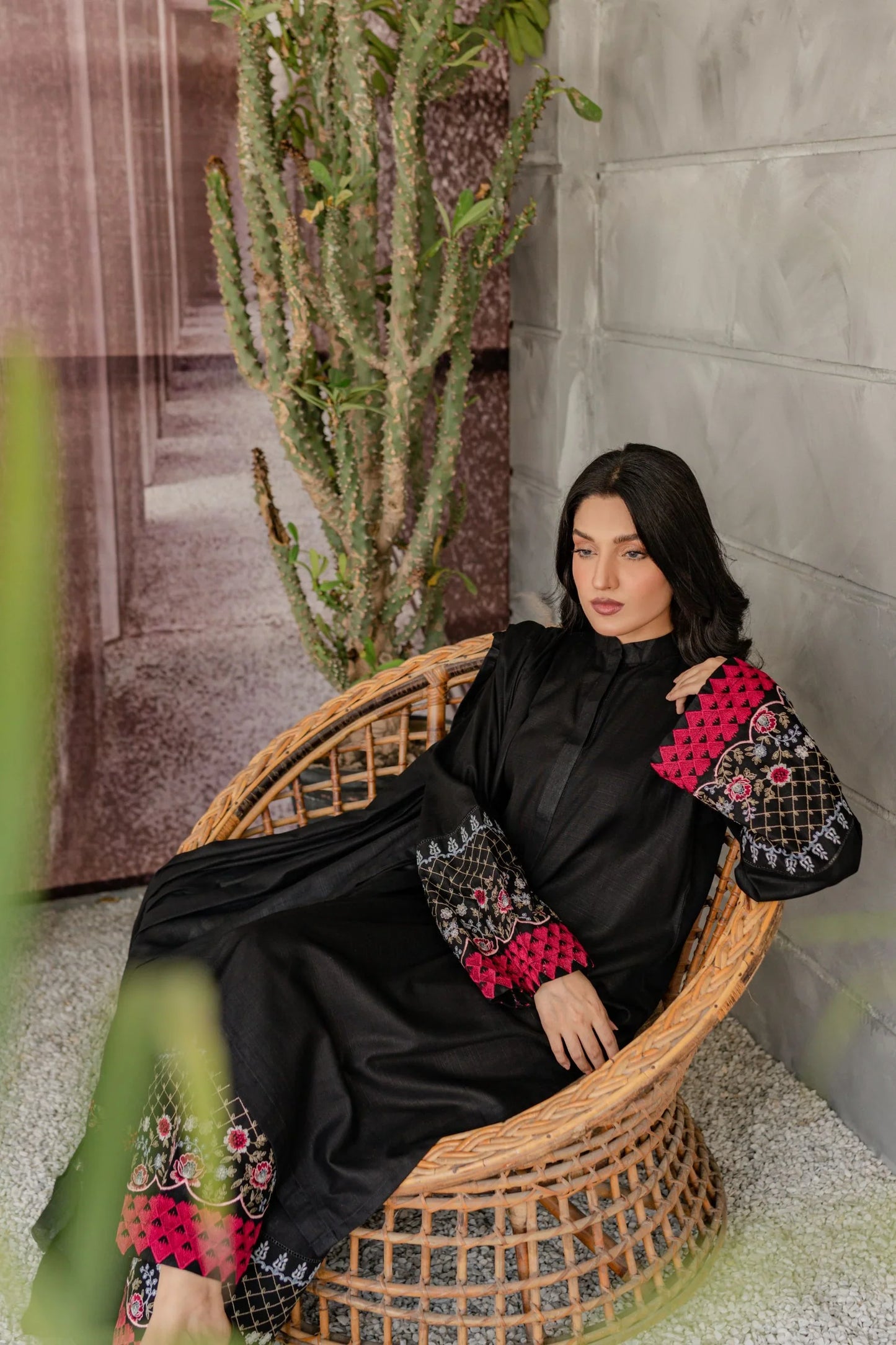 Noir Rouge Embroidered A-Line Kurta Set with Contrast Detailing