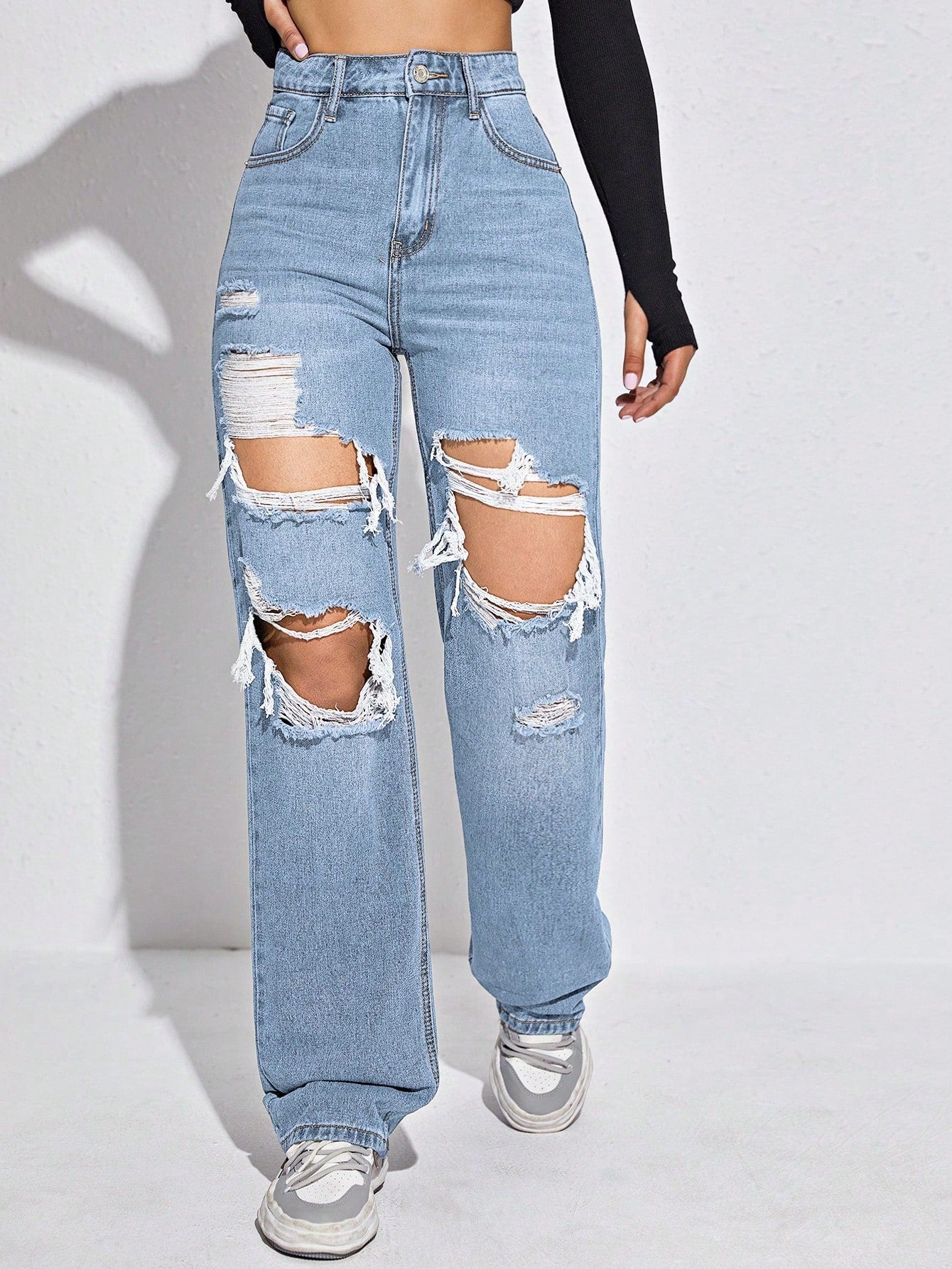 High-Waist Extreme Ripped Boyfriend Jeans for Women – Light Blue