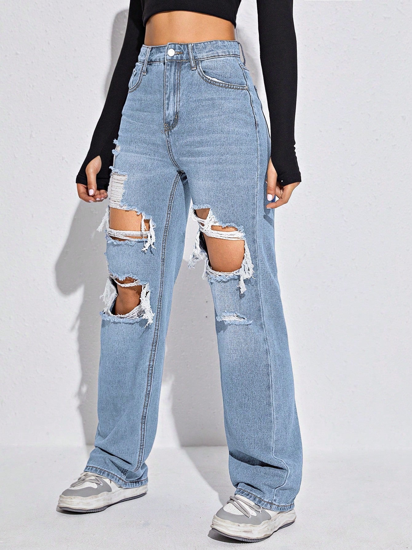 High-Waist Extreme Ripped Boyfriend Jeans for Women – Light Blue