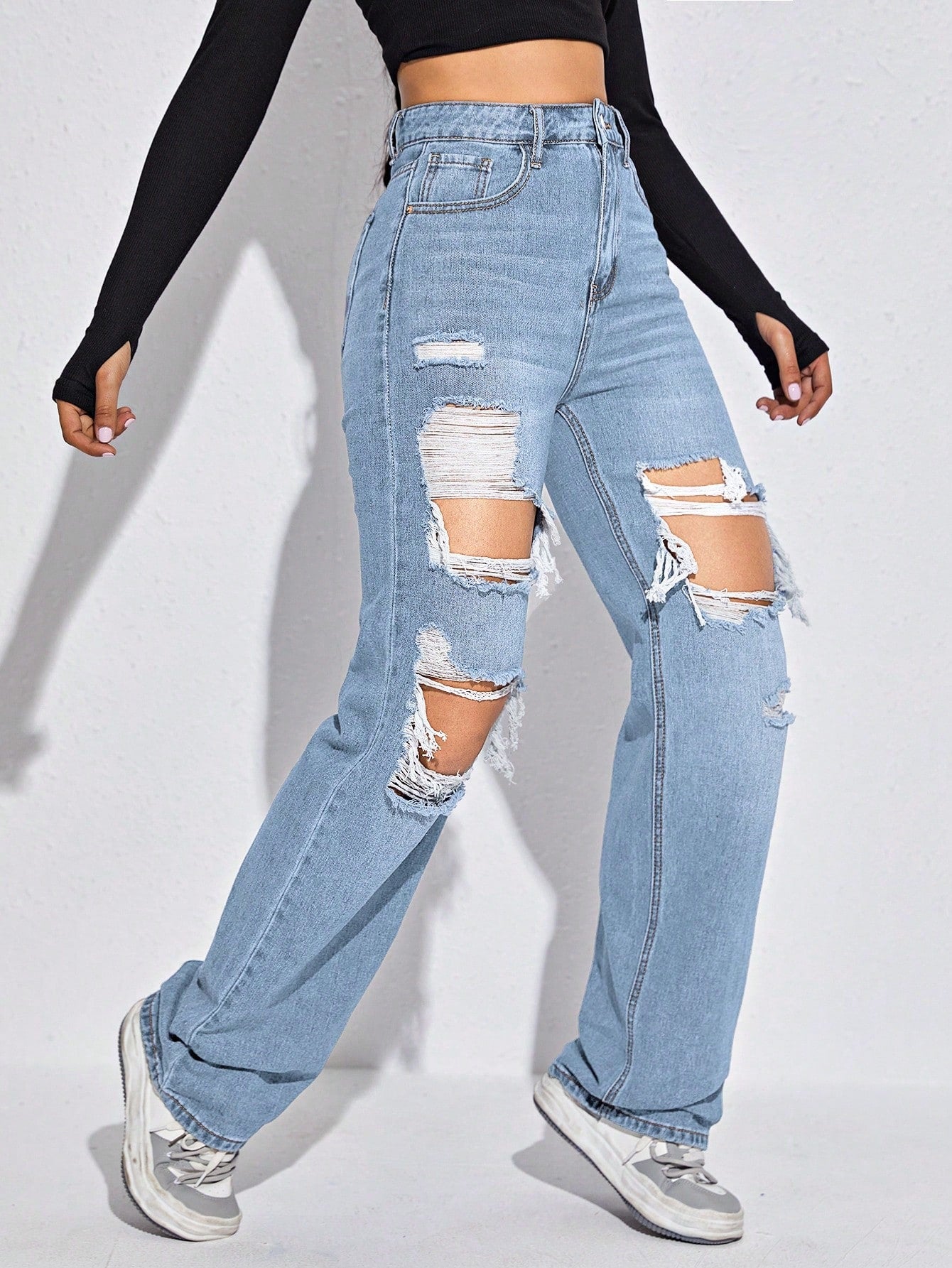 High-Waist Extreme Ripped Boyfriend Jeans for Women – Light Blue