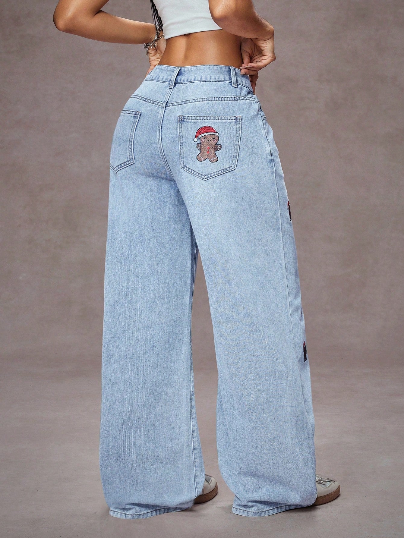 High-Waist Gingerbread & Christmas Motif Embroidered Wide-Leg Jeans for Women
