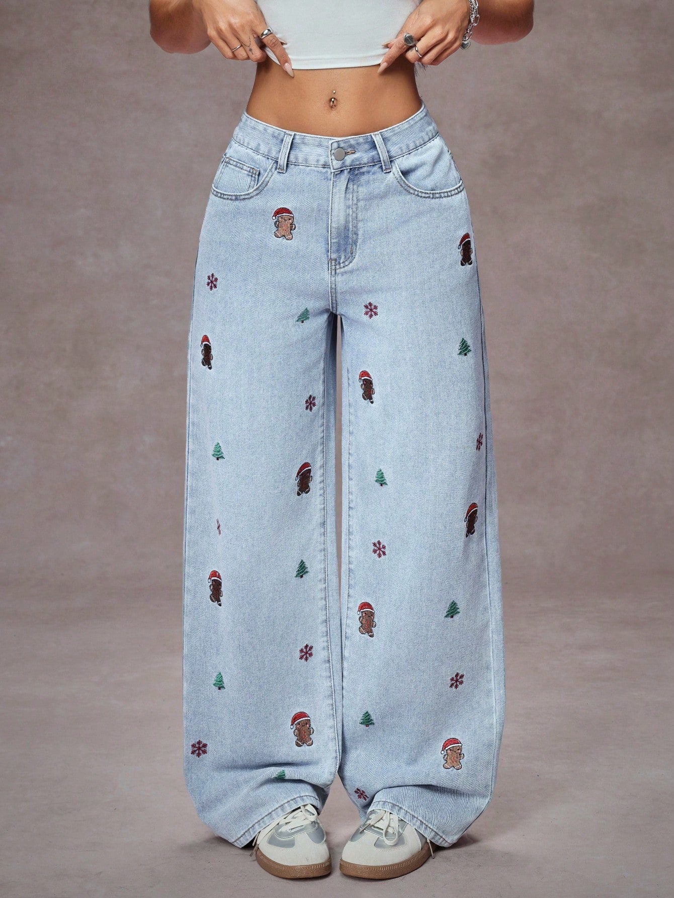 High-Waist Gingerbread & Christmas Motif Embroidered Wide-Leg Jeans for Women