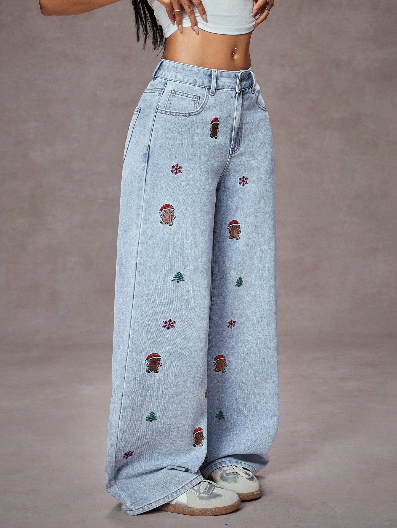 High-Waist Gingerbread & Christmas Motif Embroidered Wide-Leg Jeans for Women