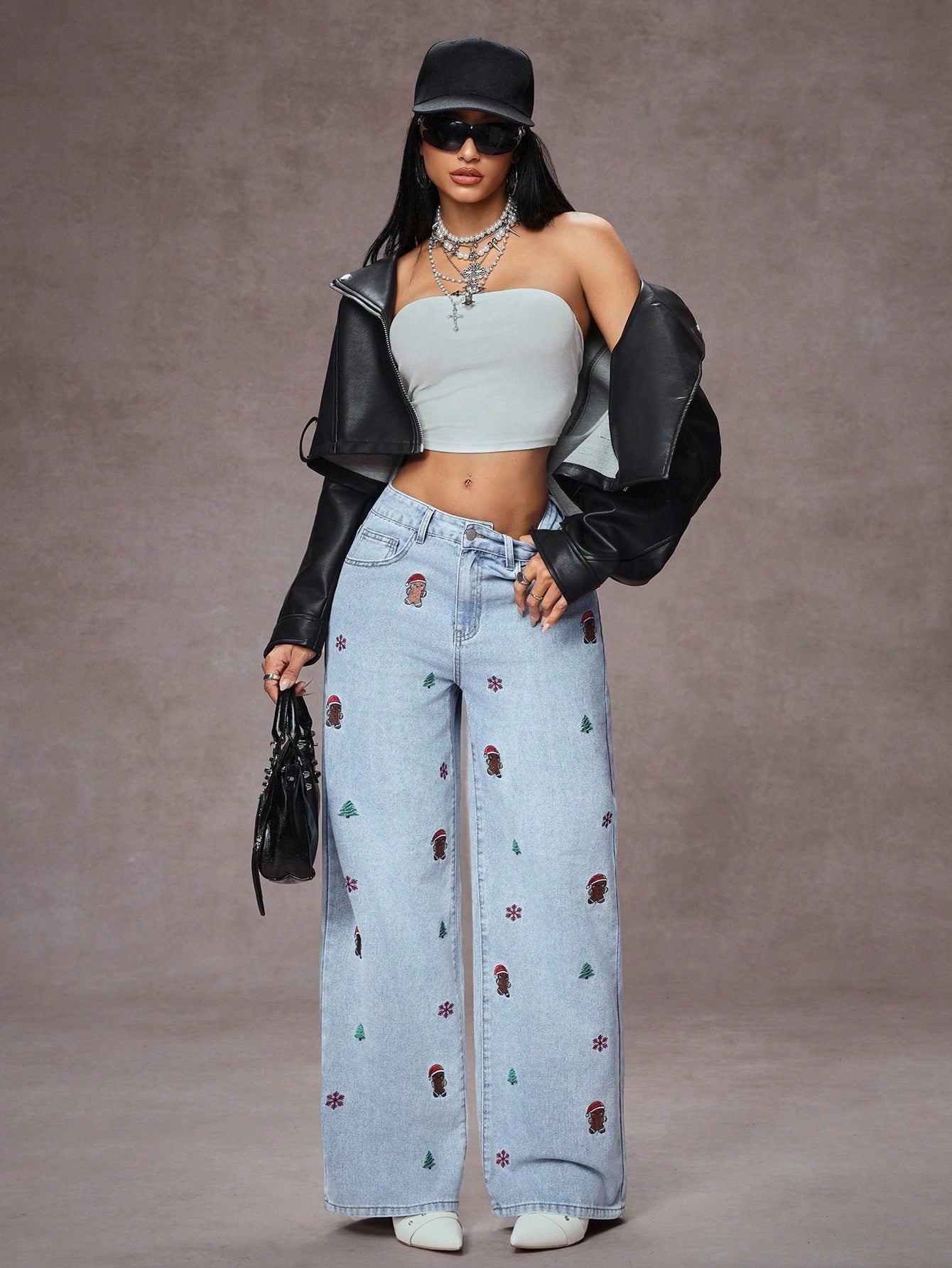 High-Waist Gingerbread & Christmas Motif Embroidered Wide-Leg Jeans for Women