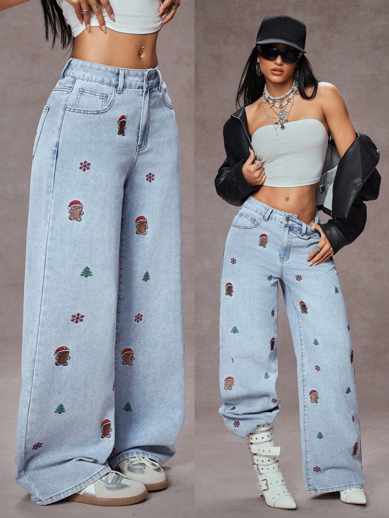 High-Waist Gingerbread & Christmas Motif Embroidered Wide-Leg Jeans for Women