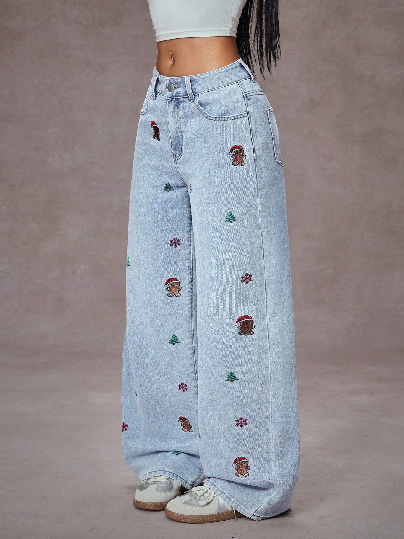 High-Waist Gingerbread & Christmas Motif Embroidered Wide-Leg Jeans for Women