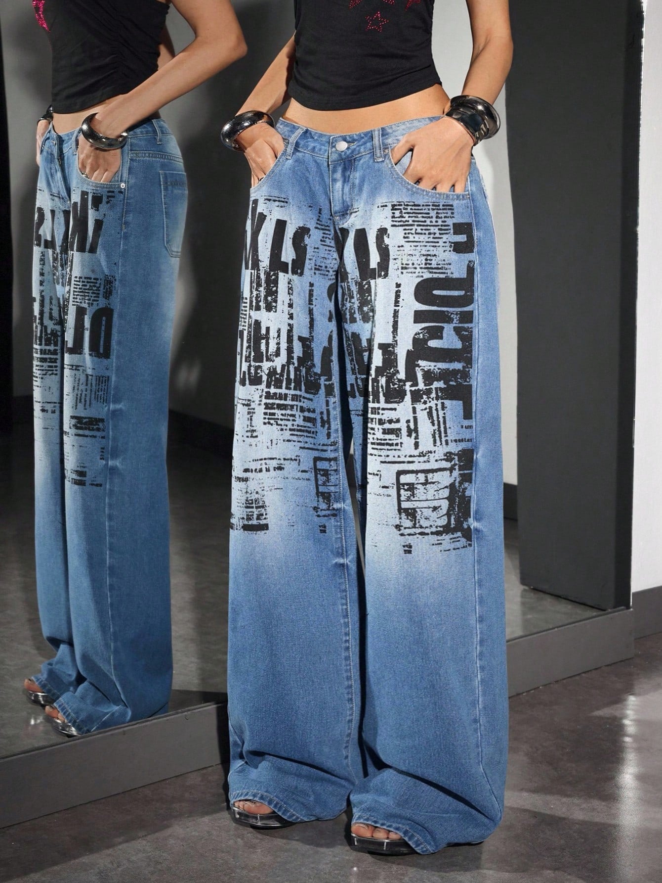 Newspaper Print High-Waist Wide-Leg Jeans for Women – Street Style Edition