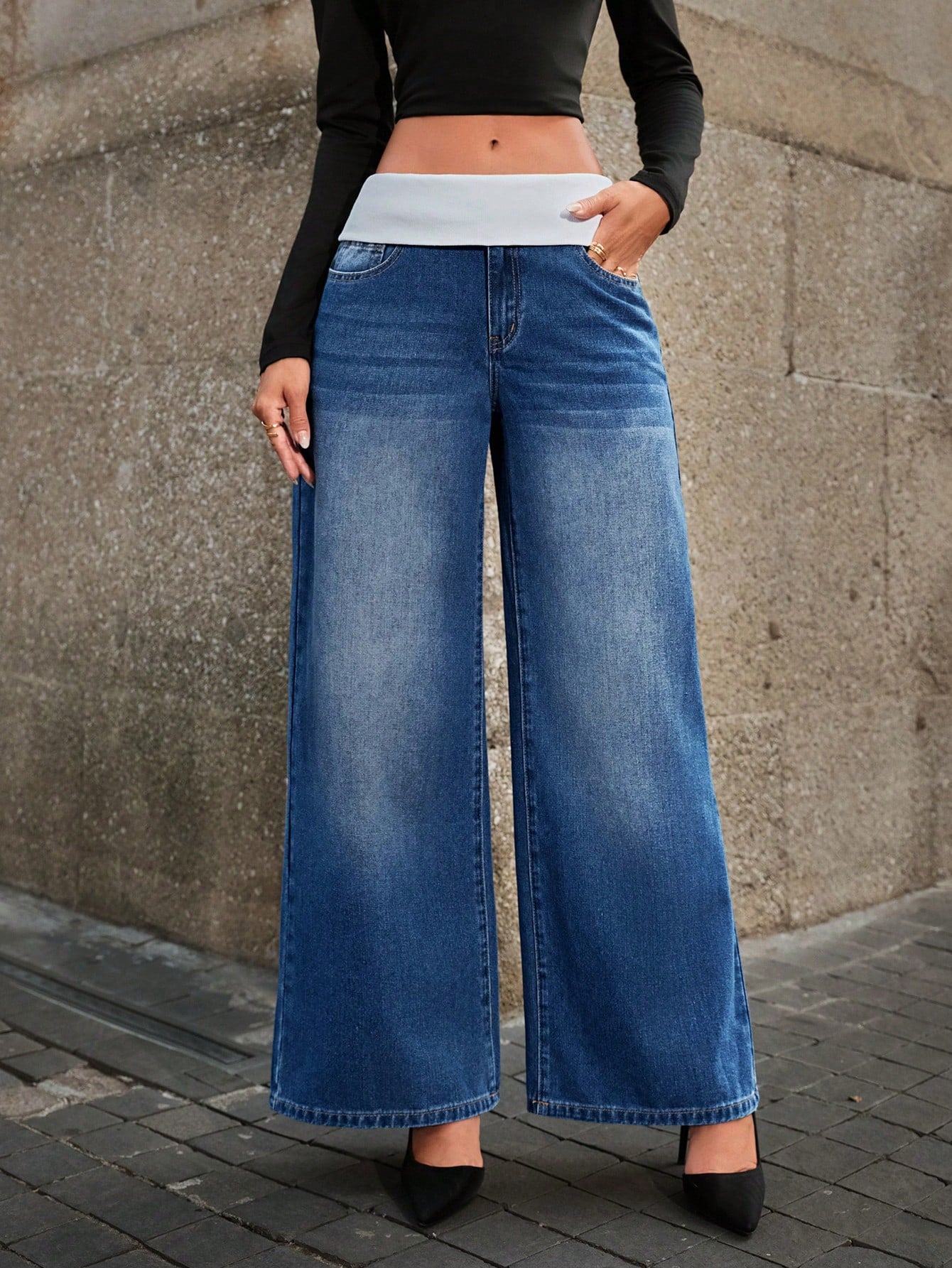 High-Waist Contrast Waistband Wide-Leg Jeans for Women