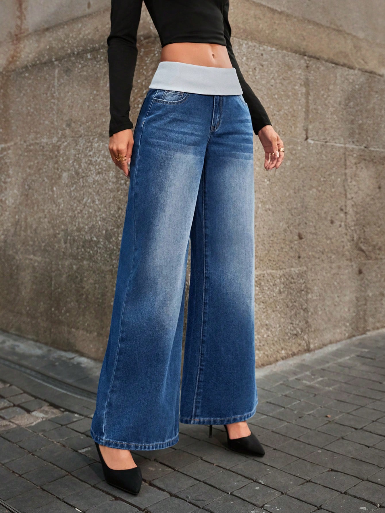 High-Waist Contrast Waistband Wide-Leg Jeans for Women