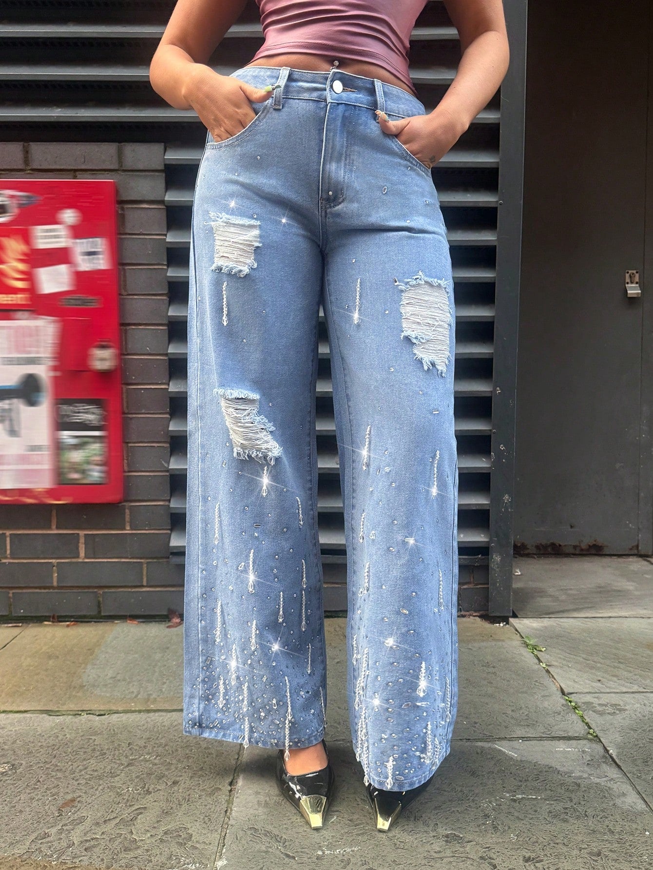 High-Waist Distressed Rhinestone Embellished Wide-Leg Jeans for Women