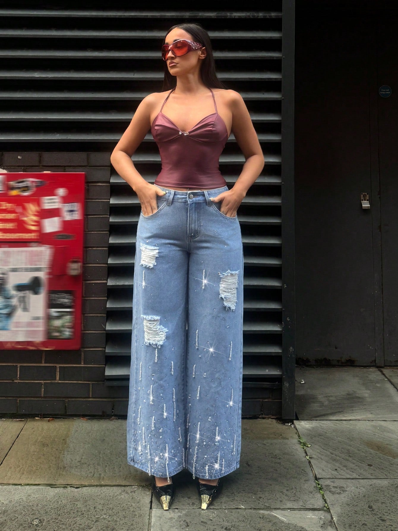 High-Waist Distressed Rhinestone Embellished Wide-Leg Jeans for Women