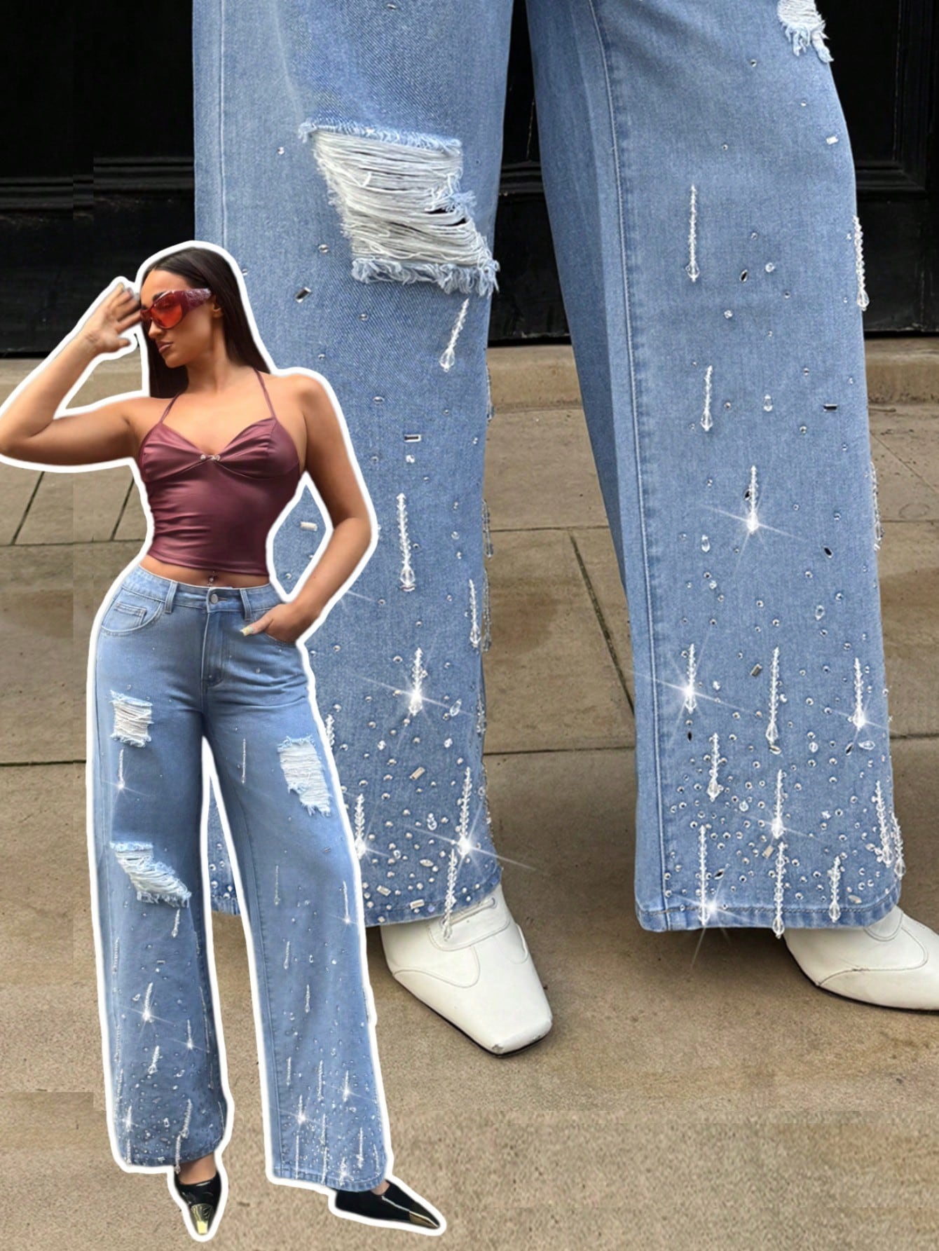 High-Waist Distressed Rhinestone Embellished Wide-Leg Jeans for Women
