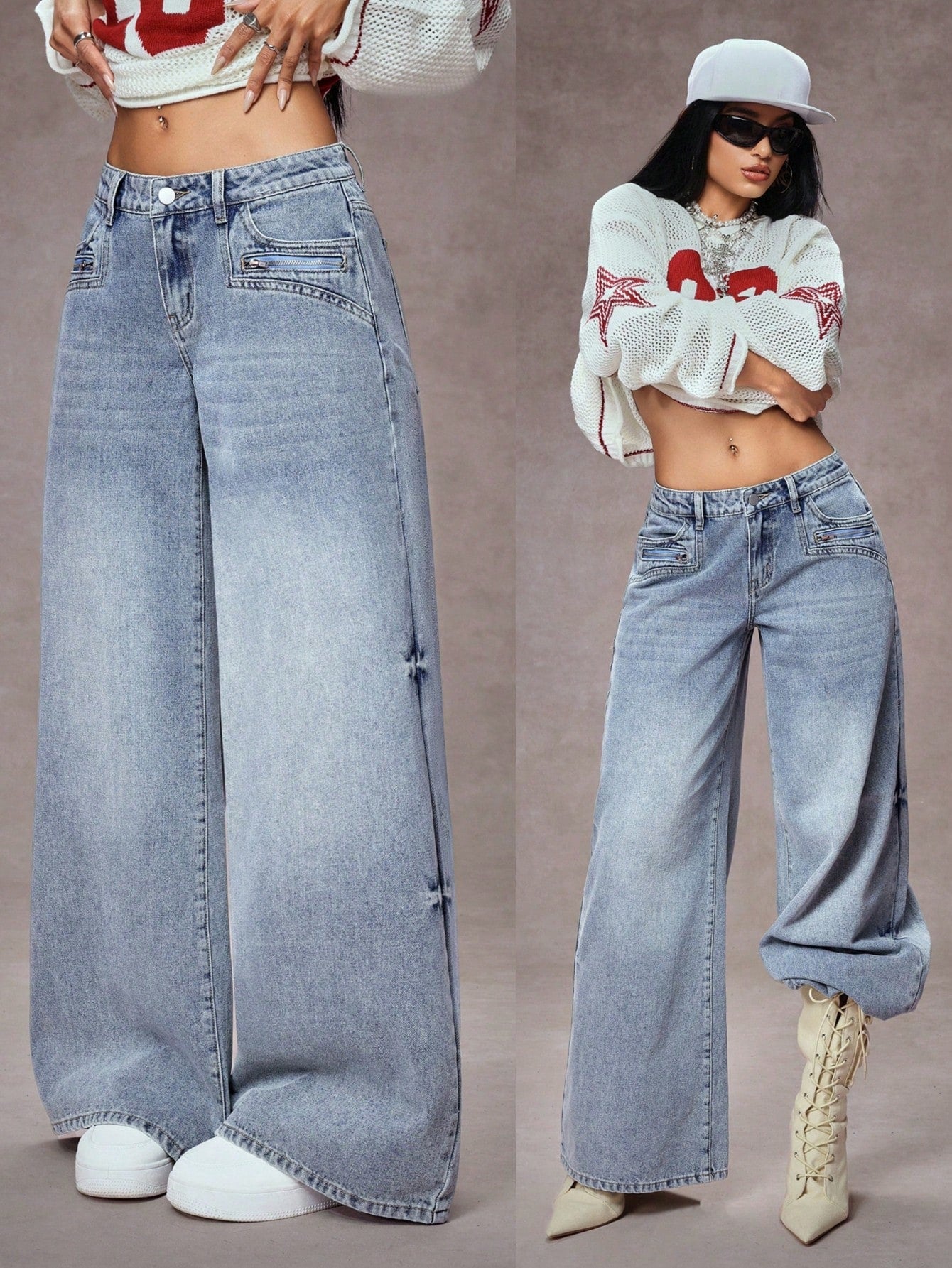 High-Waist Retro Zip Detail Extra Wide-Leg Jeans for Women