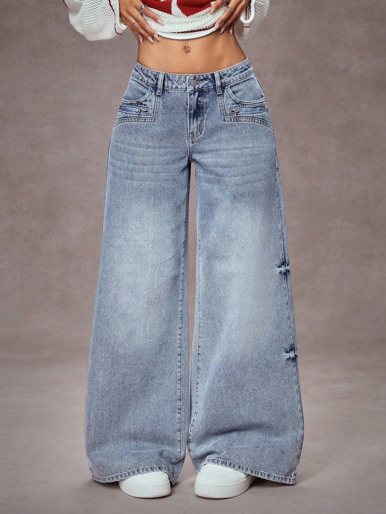 High-Waist Retro Zip Detail Extra Wide-Leg Jeans for Women