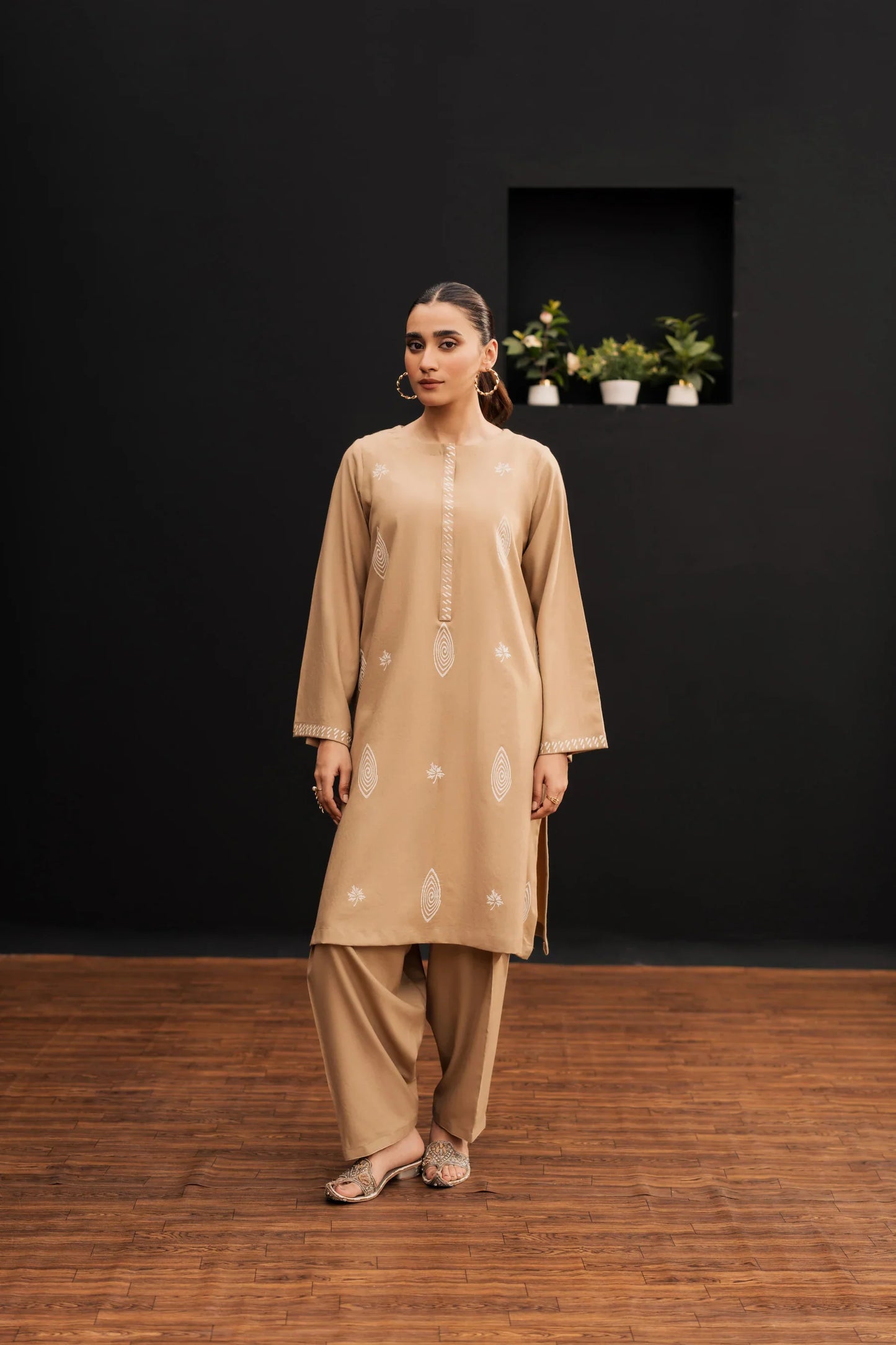Caramel Beige Embroidered Kurta Set with Kashmiri-Inspired Shawl