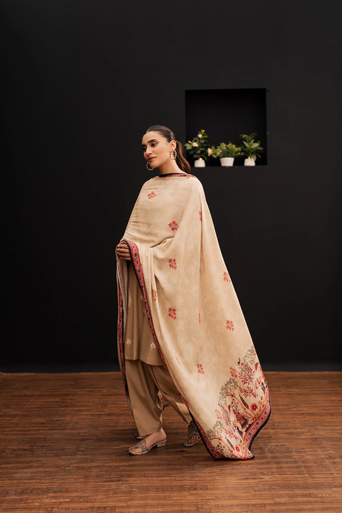 Caramel Beige Embroidered Kurta Set with Kashmiri-Inspired Shawl